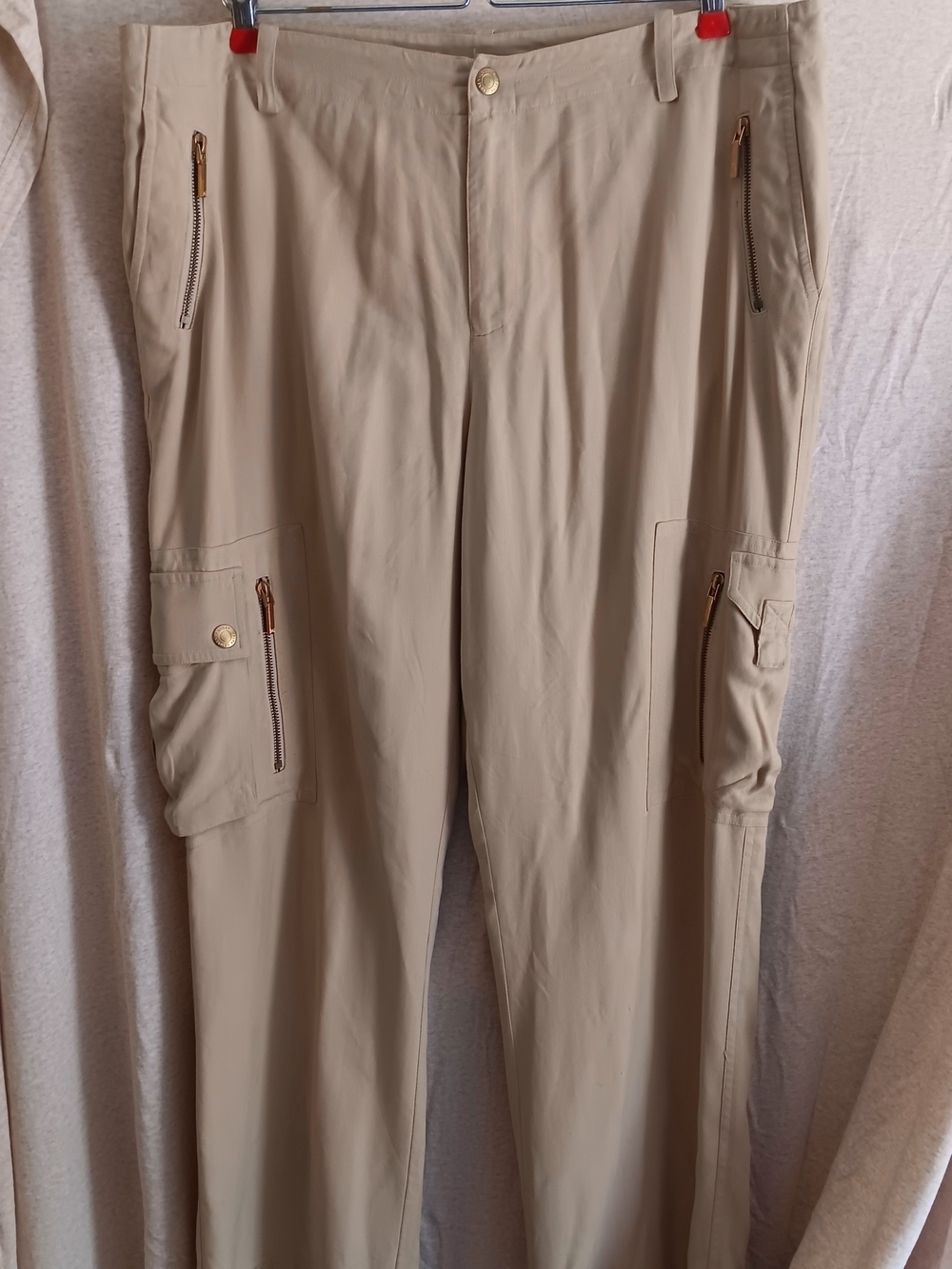 RALPH LAUREN Women's 100% Silk Beige Cargo Pants Zip Pocket Straight Leg Size 16 - Picture 2 of 6